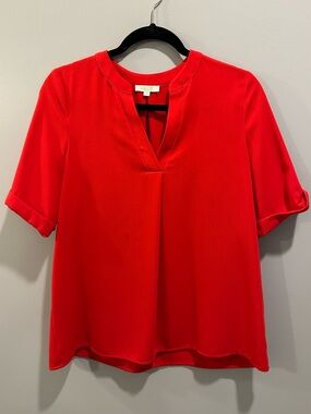 Jade by Melody Tam V-Neck Cuffed Short Sleeve Blouse Size M Red